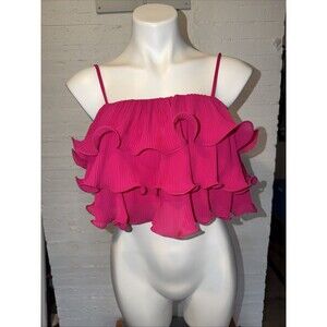 Tiered Ruffled Cropped Pink Square Neck Tank S New Preppy, Coquette, Y2K Revival